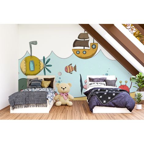 Papier peint enfants - petits bateaux et poissons sous la mer - 150 x 250 cm (1/2)