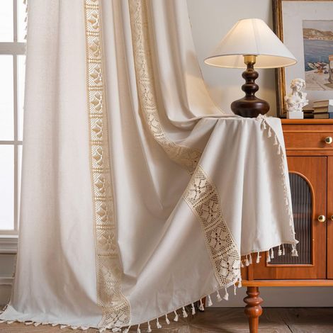 Lot de 2 rideaux bohème, style maison de campagne, crochet, à pompons, pour l'extérieur, le salon, la chambre à coucher, 150 x 260 cm (1/5)