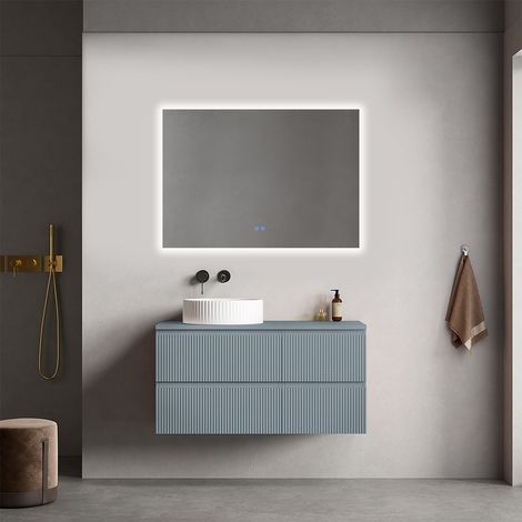 Mobile bagno sospeso cannettato reversibile  100 cm Blu Avio per Lavabo d'appoggio Specchio Quadro Retroilluminato - Fiji Paint Top Canneté (1/4)