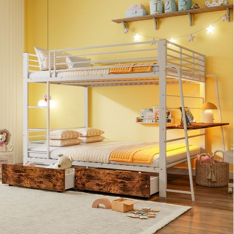 Cama alta 140/200 cm blanca mate con escritorio, LED RGB y tomas USB/Type-C (1/5)