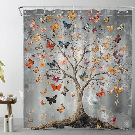 Papillon Rideaux de Douche 180x180cm Arbre Vintage avec des Papillons Rideaux de Bain avec Crochets,Gris esthétique Imperméable Polyester Anti Moule Salle de Bain Décor (1/5)