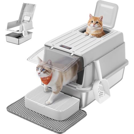 Bac à Litière pour Chat en INOX, avec Couvercle, Pelle, 2 Entrées (1/5)