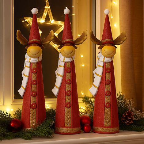 Decorazione natalizia Renna Figurina decorativa Figura in piedi Decorazione dell'Avvento Decorazione invernale, plastica rosso bianco marrone, LxH 10 x 36 cm, set di 3
