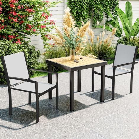 Lot de 2 chaises de jardin empilables avec accoudoirs, structure en acier, 60 x 65 x 85 cm, gris clair (1/5)