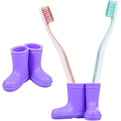 Porte-brosses à dents lot de 2, bac de rangement silicone 2 compartiments avec trou de drainage, organisateur forme bottes de pluie (1/5)