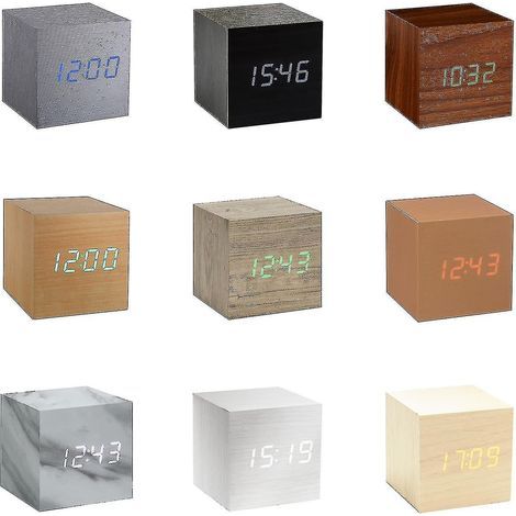 Horloge en bois, horloge électronique créative, horloge numérique carrée, mini réveil, thermomètre, horloge de chevet (heure, date, température) (1/4)