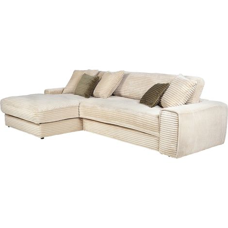 Vente-Unique – Canapé d'angle gauche 5 places en velours côtelé grosses côtes beige – Dossier déhoussable – Fabrication européenne – Confort moelleux (1/5)