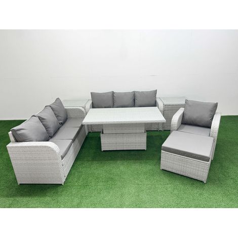 Fimous 8 Seater Poly Rattan Outdoor Garden Furniture Adjustable Lifting Dining or Coffee Table Sofa Set Patio 3 Seater Sofa Reclining Chair 3 Seater Sofa Big Footstool 2 Side Table Light Grey (1/5)