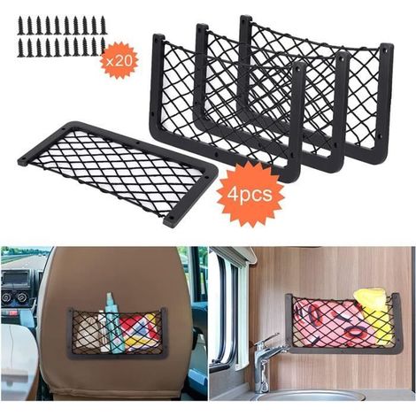 Lot de 4 filets de rangement pour voiture, 35,5 x 18,5 cm, organiseur de coffre, organiseur de voiture polyvalent, (avec 20 vis) (1/4)