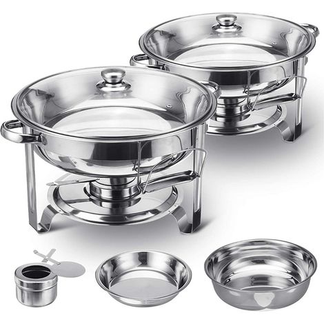 2-piece 5QT Round Chafing Dish Buffet Set with Glass Lid & Lid Holder, food warmer, chafing dish buffet warmer, 4.7L each, stainless steel (1/5)
