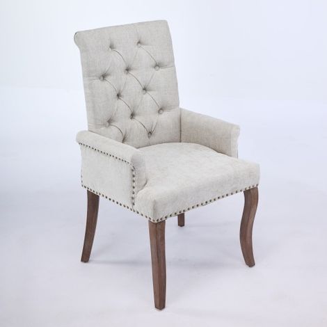 Chaise de salle à manger en chenille rembourrée avec pieds incurvés en bois massif et élégants accoudoirs capitonnés (convient pour salle à manger/cuisine) – Chaise à l'unité, beige (1/5)