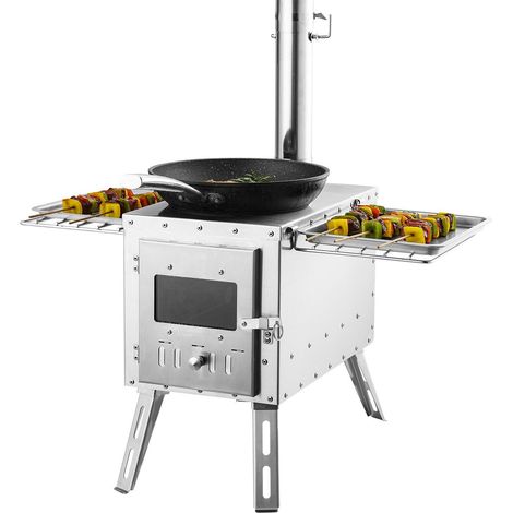 Poêle à bois acier inoxydable pour camping, 21844 cm, avec cheminée, portable, cuisiner et chauffer en plein air (1/5)