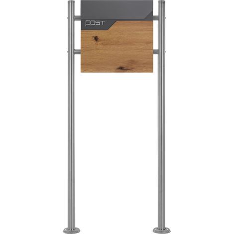 ECD Germany Standbriefkasten mit Zeitungsfach, Design Briefkasten mit Pfosten, Briefkastenanlage, Briefkastenständer Silber 120 cm Edelstahl, Postkasten Anthrazit-Holzoptik Edelstahl pulverbechichtet