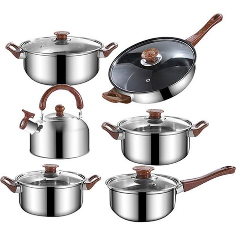 Decdeal Set de 12 casseroles et poêles avec bouilloire 3L - Antiadhésif en acier inoxydable compatible induction - Lavable au lave‑vaisselle - Sans PFOA/PFOS (1/5)