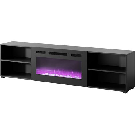 Mueble de TV Rollo 200 cm de pie/colgante tablero laminado negro mate con chimenea eléctrica negra