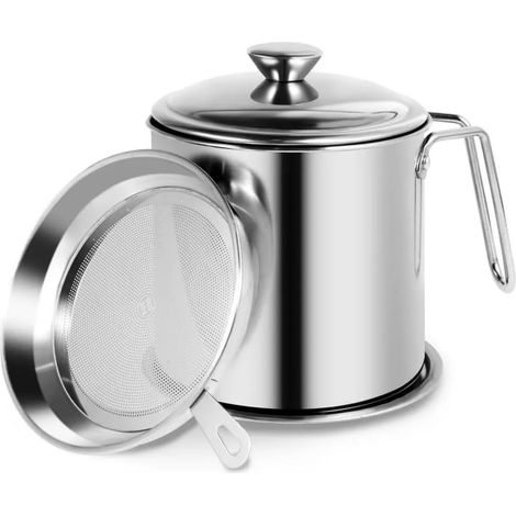 Récipient à graisse avec filtre et couvercle, 1,4 L, en acier inoxydable, anti-fuite, avec poignée antidérapante, pour huile de cuisson et graisse de friture. (1/4)
