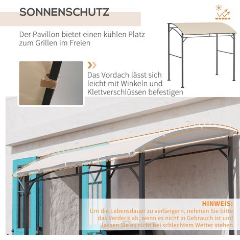 Abri de barbecue avec auvent imperméable, crochets pour accessoires, structure métallique, couleur sable et anthracite, 215 x 150 x 182/220 cm (1/4)