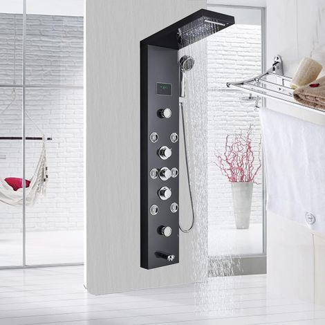 Black LED Shower Panel Tower System with Rainfall Waterfall Massage Jets Handheld Shower & Digital Temperature Display Stainless Steel Bath Shower System (1/5)