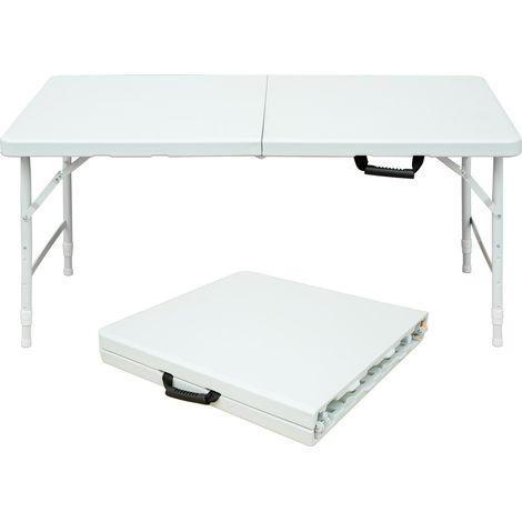 Table pliante portable en plastique haute densité 125 cm, hauteur réglable, charge 135 kg, blanche (1/5)