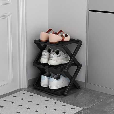 Range-chaussures vertical, Organiseur de plan de travail, Étagère de bureau, Design compact, Rangement pour comptoir de cuisine (Noir, 3 niveaux)
