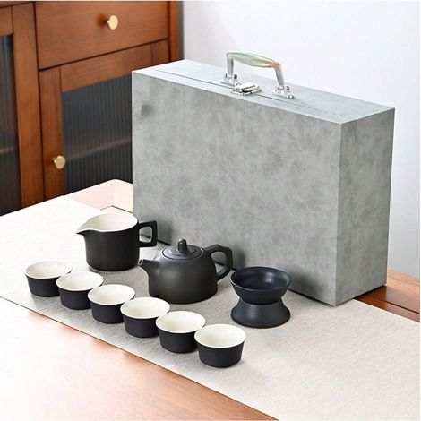 Service à thé Kung Fu en céramique noire japonaise - Ensemble de 10 pièces (Théière en céramique noire) (1/4)