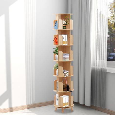 6 Tier Rotating Bookshelf 360 Degree Display Book Shelf Tower Solid Wood Bookcase Shelf (1/5)