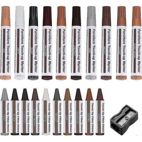 Kit de réparation de meubles, 21 pièces : stylos de retouche pour mastic à bois, marqueurs de réparation et bâtonnets de cire avec taille-crayon (1/5)