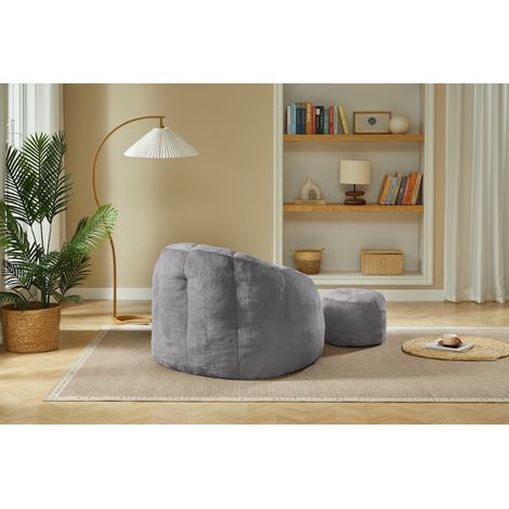Fauteuil pouf fleur en peluche synthétique gris clair avec repose-pieds, sans montage, pour salon, chambre et balcon (1/5)