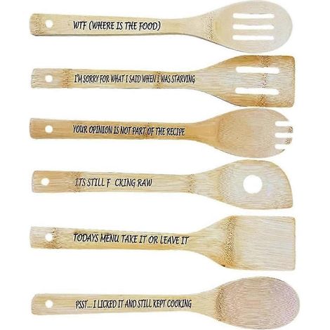 Lot de 6 cuillères de cuisine en bois, cuillère à café en bois avec inscriptions amusantes C-- (1/5)