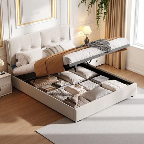 Cama doble - 140x200 con cofre hidráulico - terciopelo beige acolchado - LED 9 colores - almacenamiento bajo el somier