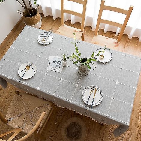 nappe rectangulaire à carreaux carrés en coton et lin uni, à franges