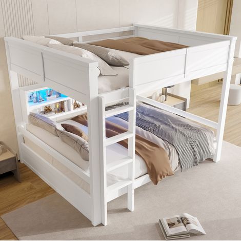 Cama litera moderna de pino y MDF blanco 160x200 cm con cabecero LED, 6 compartimentos de almacenaje y somier de láminas (1/5)