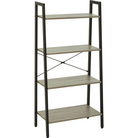 Interiors by Premier Four Tier Grey Oak Veneer Ladder Shelf Unit, Functional Industrial Narrow Shelf, Stylish Tall Cupboard (1/5)
