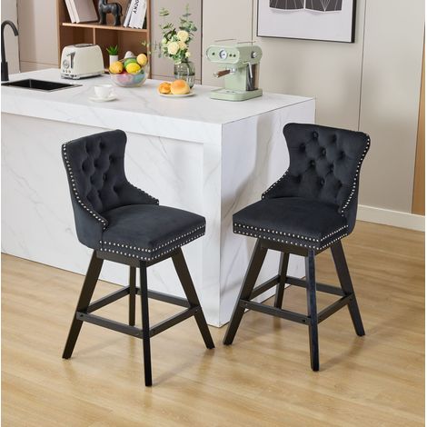 Taburete de bar de terciopelo negro, asiento giratorio 360°, respaldo curvo y patas de madera maciza de caucho,55×44.5×97.5cm (1/5)