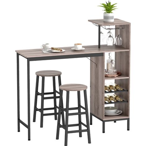 Conjunto de mesa alta de bar (121.5x40x122 cm), con almacenaje, botellero, portavasos, madera, gris (1/5)
