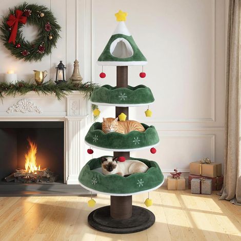 COSTWAY Arbre à chat Noël, 179 cm, arbre à chat avec 3 plateformes, 1 grotte, tronc épais, grande base et 11 balles, meuble pour chat Arbre de Noël d'intérieur, grand arbre à chat, vert