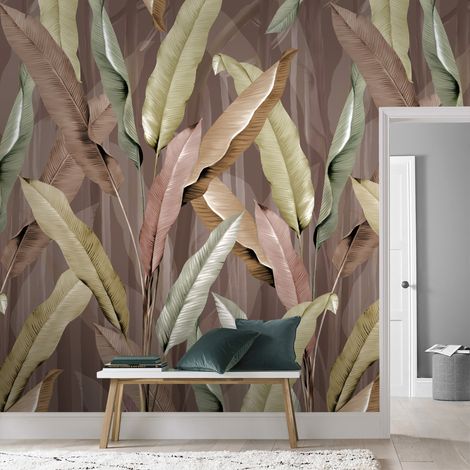 Papier peint panoramique feuilles d'été indien 280 x 200 cm – Motif tropical rose, taupe, kaki – Résistant à la lumière, entretien facile – Art For The Home