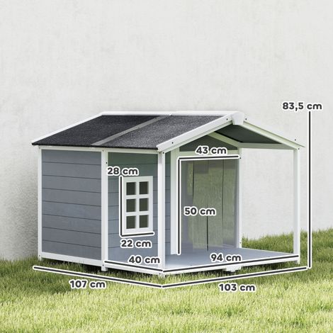Niche surélevée en bois pour chien moyen, toiture bitume, terrasse incluse, grise, 103x107x83,5 cm, résistante aux intempéries. (1/5)