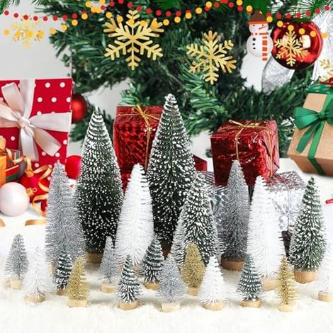 Lot de 21 mini sapins de Noël artificiels miniatures verts, argentés, blancs et dorés (4,5/10/15 cm), décorations de Noël et d'hiver, accessoires pour village de Noël à monter soi-même (1/3)