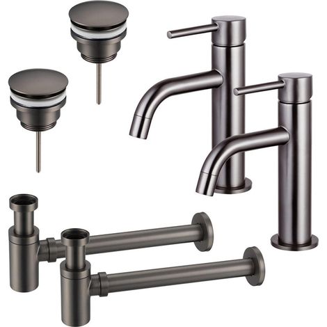 FugaFlow Eccelente Sobrado Slim Kit robinet lavabo - pour double vasque - robinet bas - bonde clic clac - siphon design bas - Gunmetal PVD (1/4)