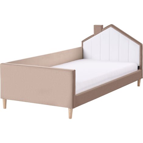 Cama con somier moderna tapizado de terciopelo infantil somier de láminas marrón y blanco 90 x 200 cm Kervan