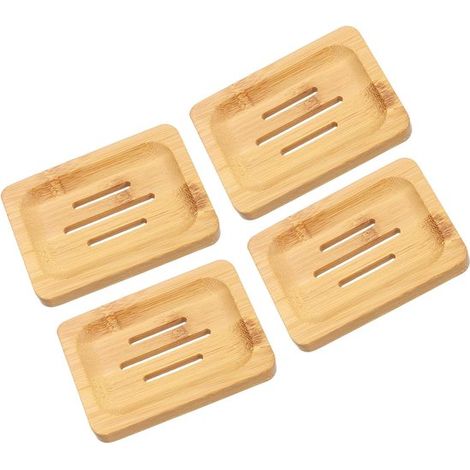 Lot de 4 porte-savons en bois et bambou naturel, avec drainage automatique, pour salle de bain, baignoire et plan de travail (1/5)