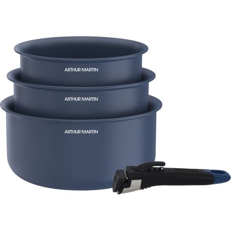 Arthur Martin – Ensemble de 3 casseroles en céramique 16-18-20 cm – Compatible tous feux, induction – Poignée amovible – Couleur bleu