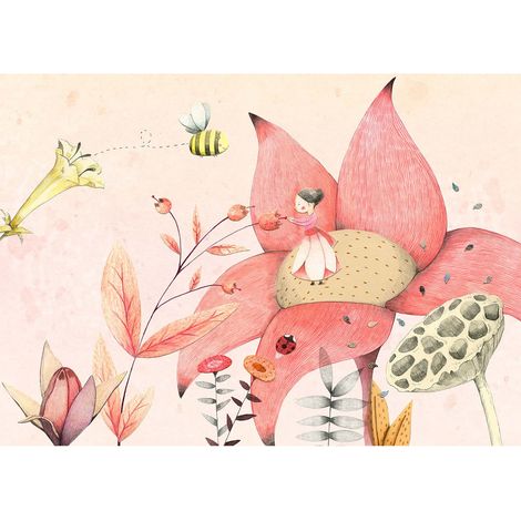 Tableau chambre de fille rose | Tableau à fleurs & abeille pour chambre enfant | Tableau sur toile parfait pour chambre de bébé - 0,7 x 0,5 m (1/2)