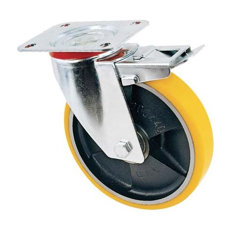 RUOTA A FORCELLA GIREVOLE + FERMO 24 AVO  A/ZINCR/POL.GIAL D/GHISA D.MM 100X25 P.MM 100X85
