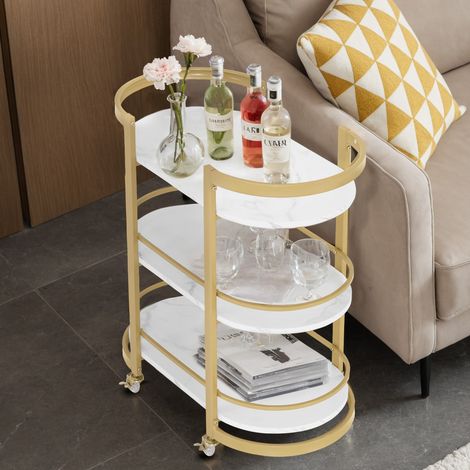 M MCombo Servierwagen mit Rollen, Küchenwagen Barwagen Metallgestell Weiß-Gold, Moderne Rollwagen Mehrzweckwagen mit 3 Ebenen, für Küche Bad Wohnzimmer Büro, 40x75,5x80, 0034