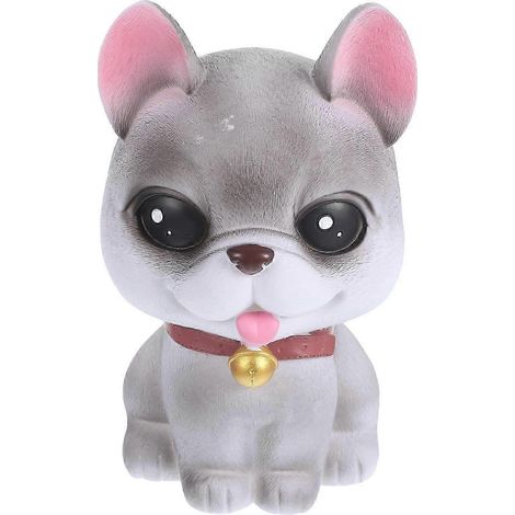 Tirelire pour enfants en vinyle gris en forme de chiot, avec un fond amovible et résistant idéale pour ranger les pièces de monnaie. (1/5)