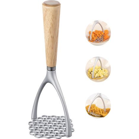 Manual potato masher with wooden handle for culinary use. (1/4)