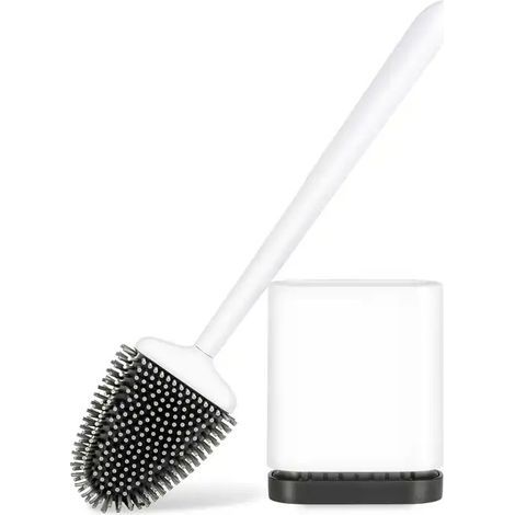 Brosse WC Silicone, Brosse de Toilette Silicone et Support, Balayette WC Suspendu Plate à Séchage Rapide avec Manche Long, Balai Toilette Salle de Bain, Autoportant/Mural, Blanc Mat (1/4)
