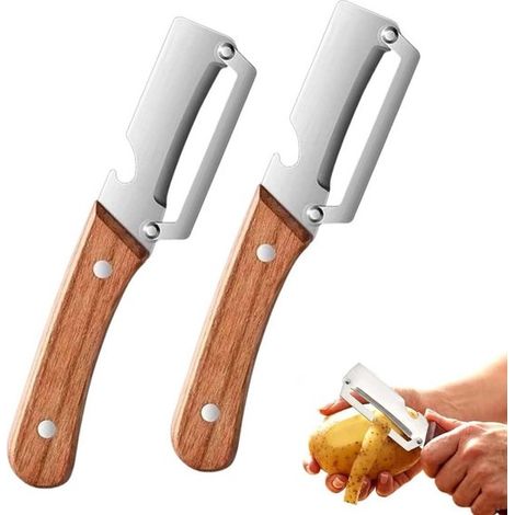 Pelador de 2 piezas, 19 x 3,8 cm, Pelador multifuncional, Pelador de frutas, Abrebotellas, Hoja de acero inoxidable, patatas, calabazas y papayas (1/5)